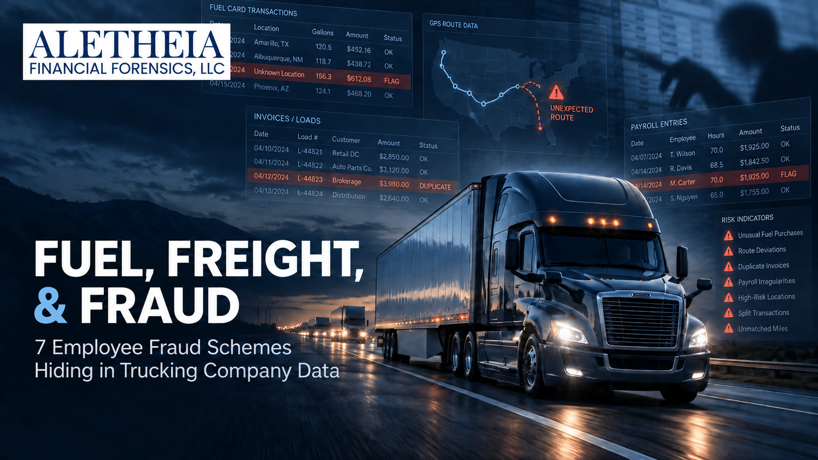 Forensic analysis of trucking fuel, GPS, payroll, and freight records for fraud indicators